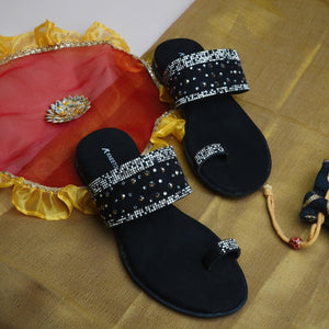 Jet Black Embellished One-Toe Special Sandals