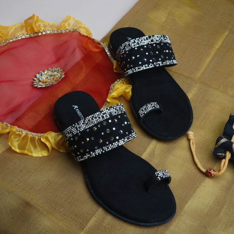 Jet Black Embellished One-Toe Special Sandals