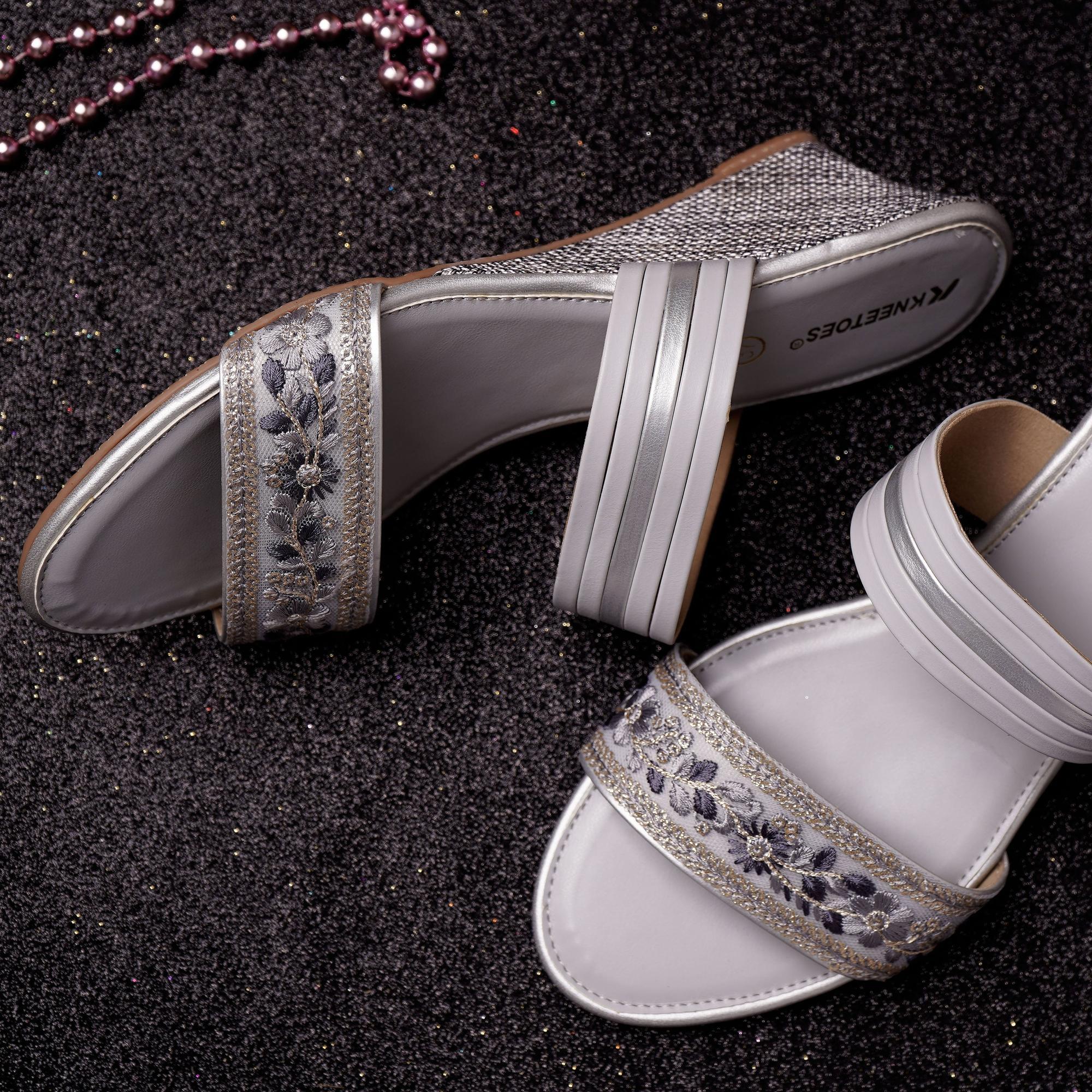 Soft Light-Grey Embroidered Wedge Sandals