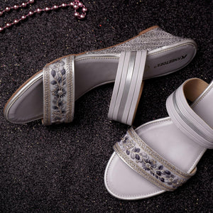 Soft Light-Grey Embroidered Wedge Sandals
