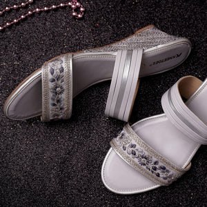 Soft Light-Grey Embroidered Wedge Sandals