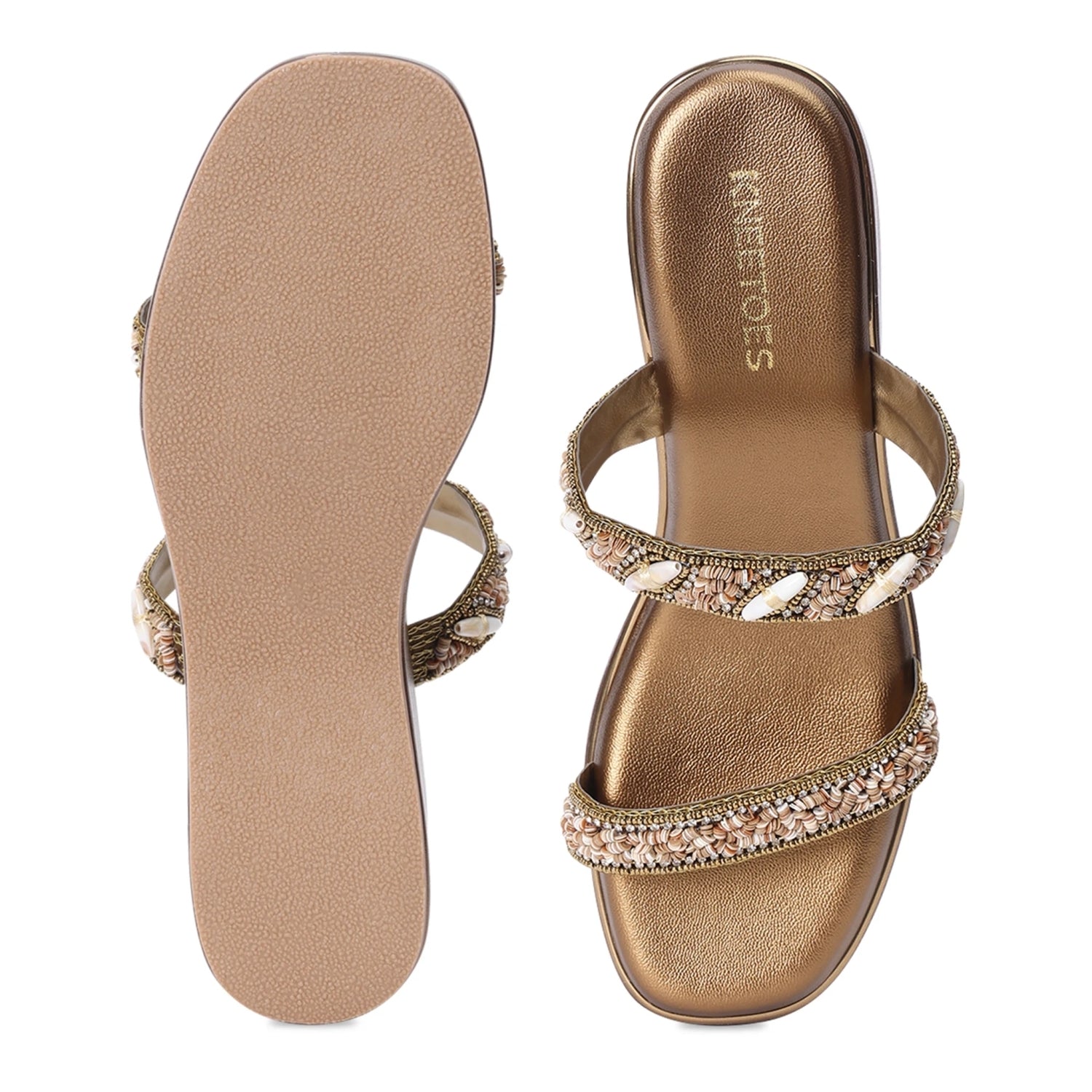 Embellished Bronze Open-Toe Sandals With Wedge Heel
