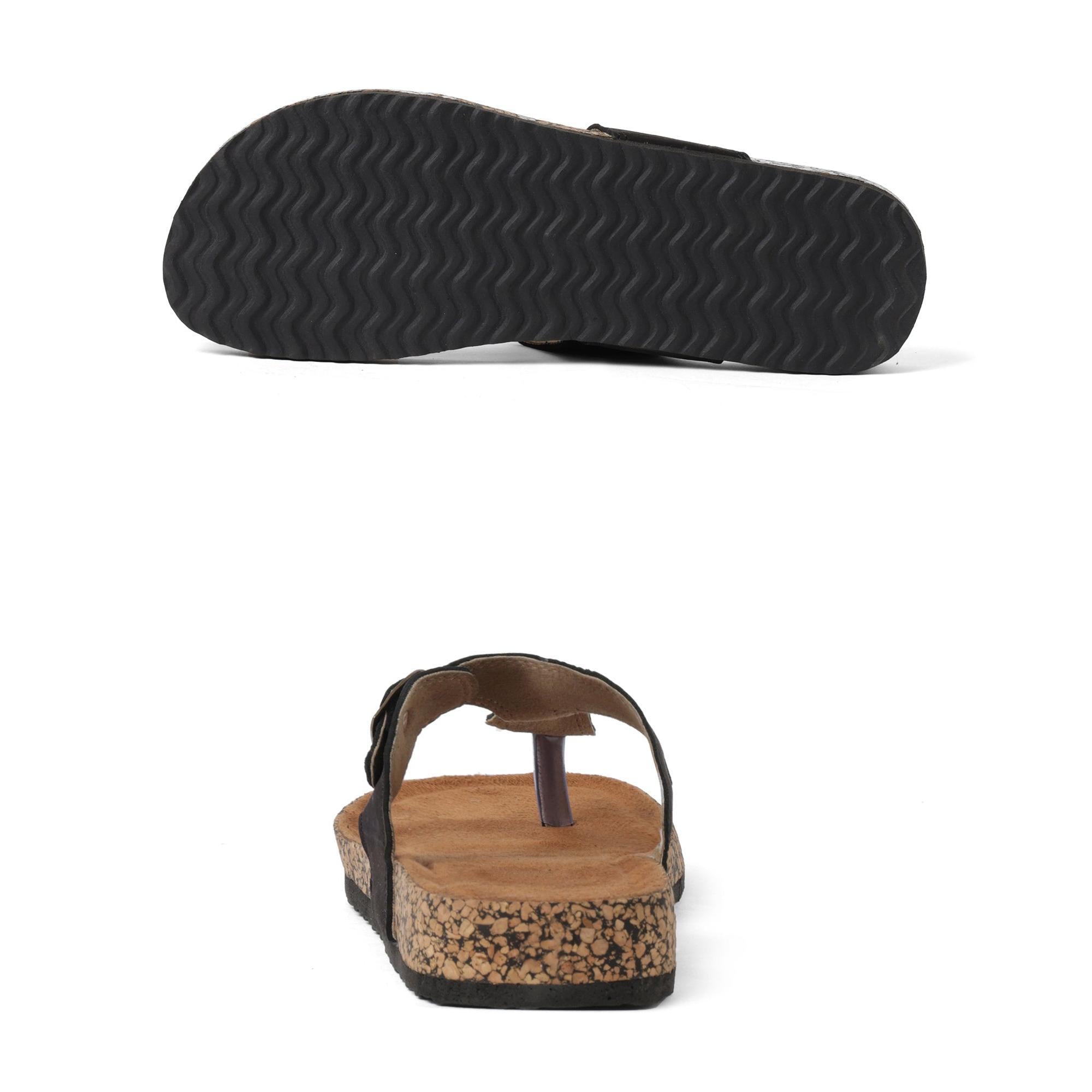Jet Black Leather Buckled Thong Sandals