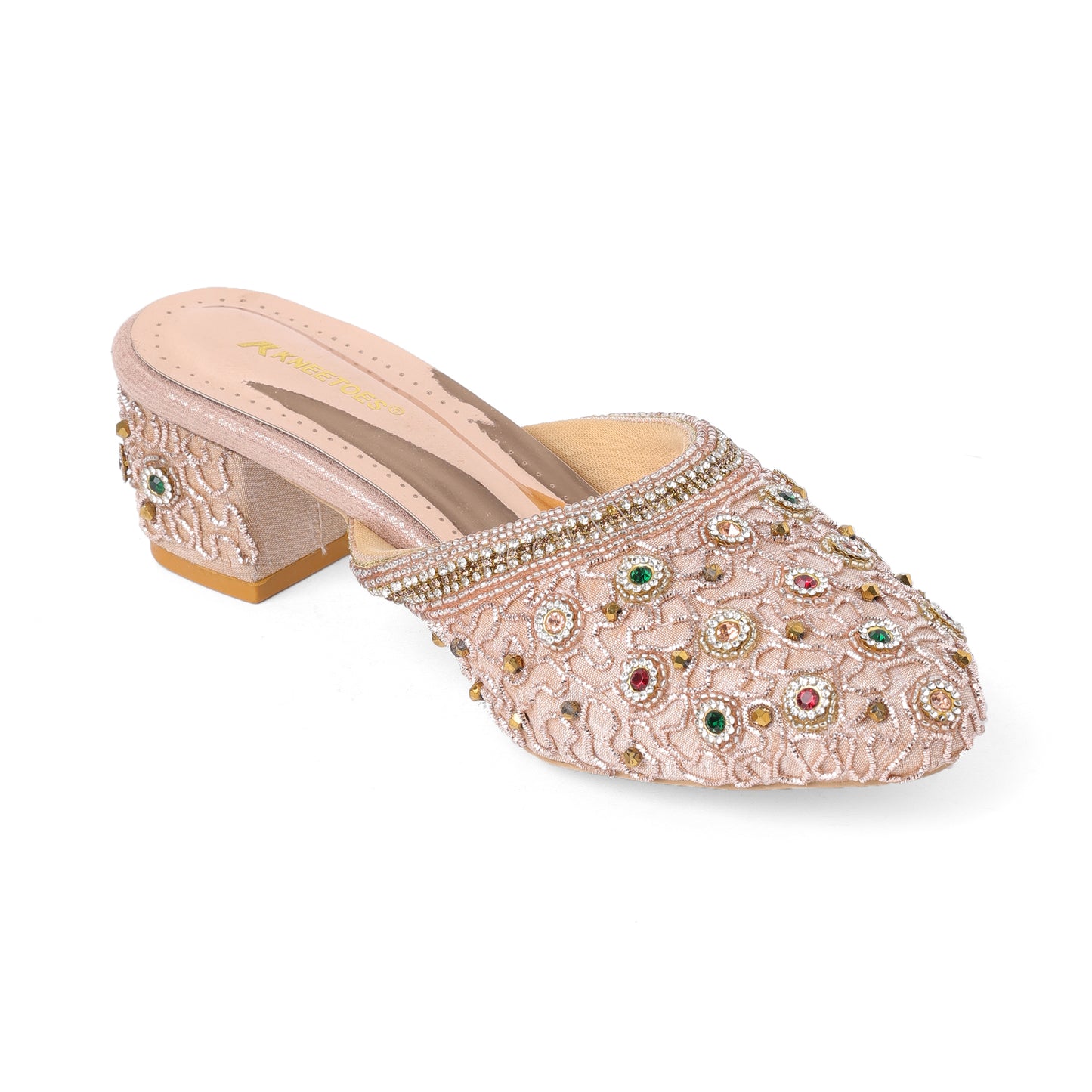 Sophisticated Zari Rose Gold Block Heel Mules For Wedding Wear