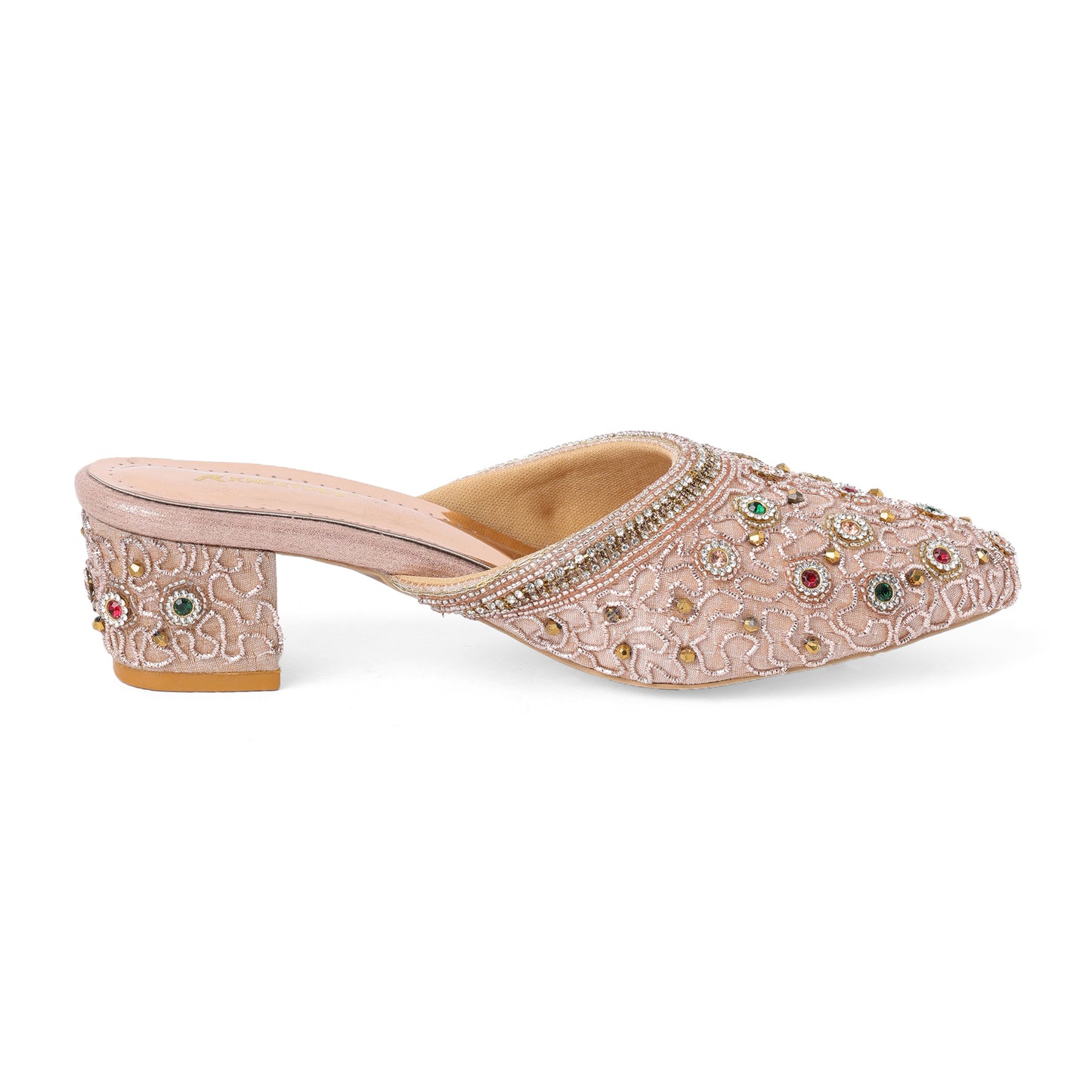 Sophisticated Zari Rose Gold Block Heel Mules For Wedding Wear
