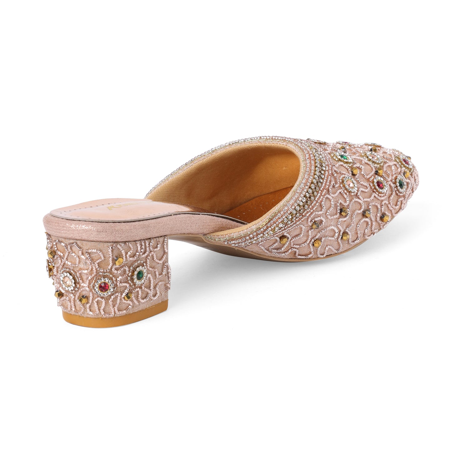 Sophisticated Zari Rose Gold Block Heel Mules For Wedding Wear