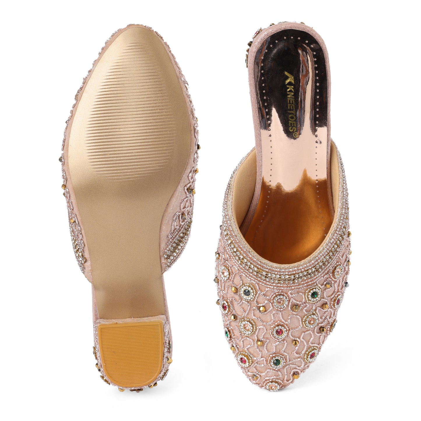 Sophisticated Zari Rose Gold Block Heel Mules For Wedding Wear
