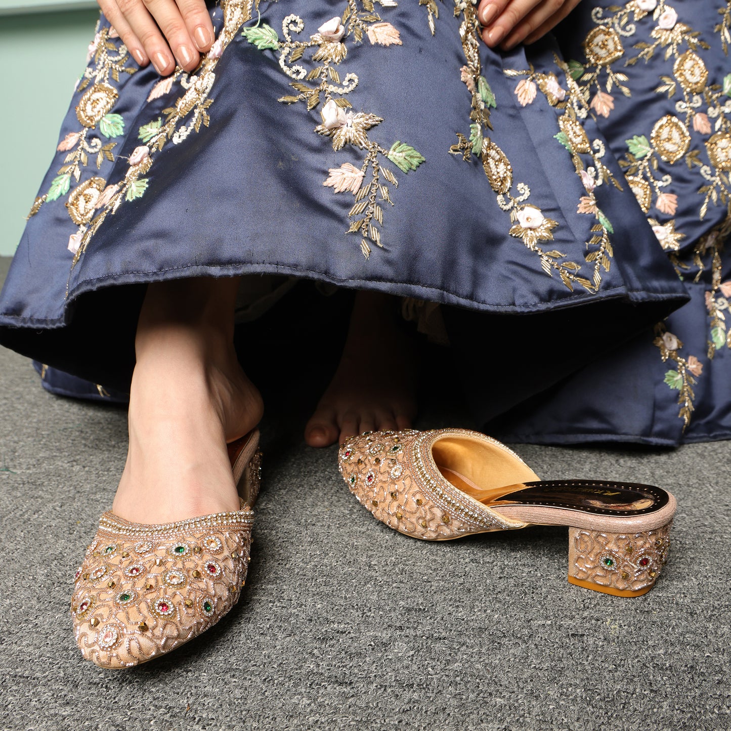 Sophisticated Zari Rose Gold Block Heel Mules For Wedding Wear