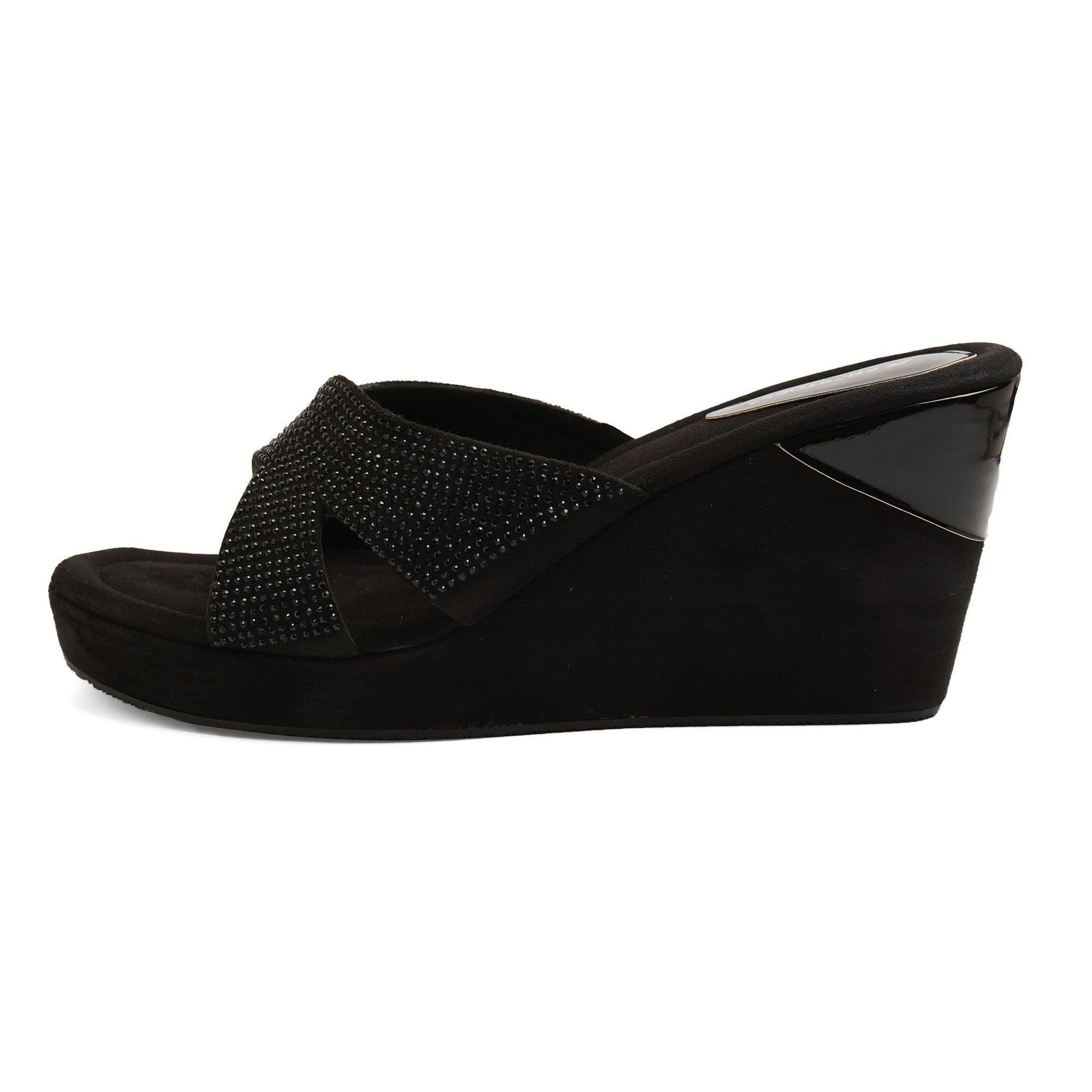 Sparkle Studs Black Wedge Sandals