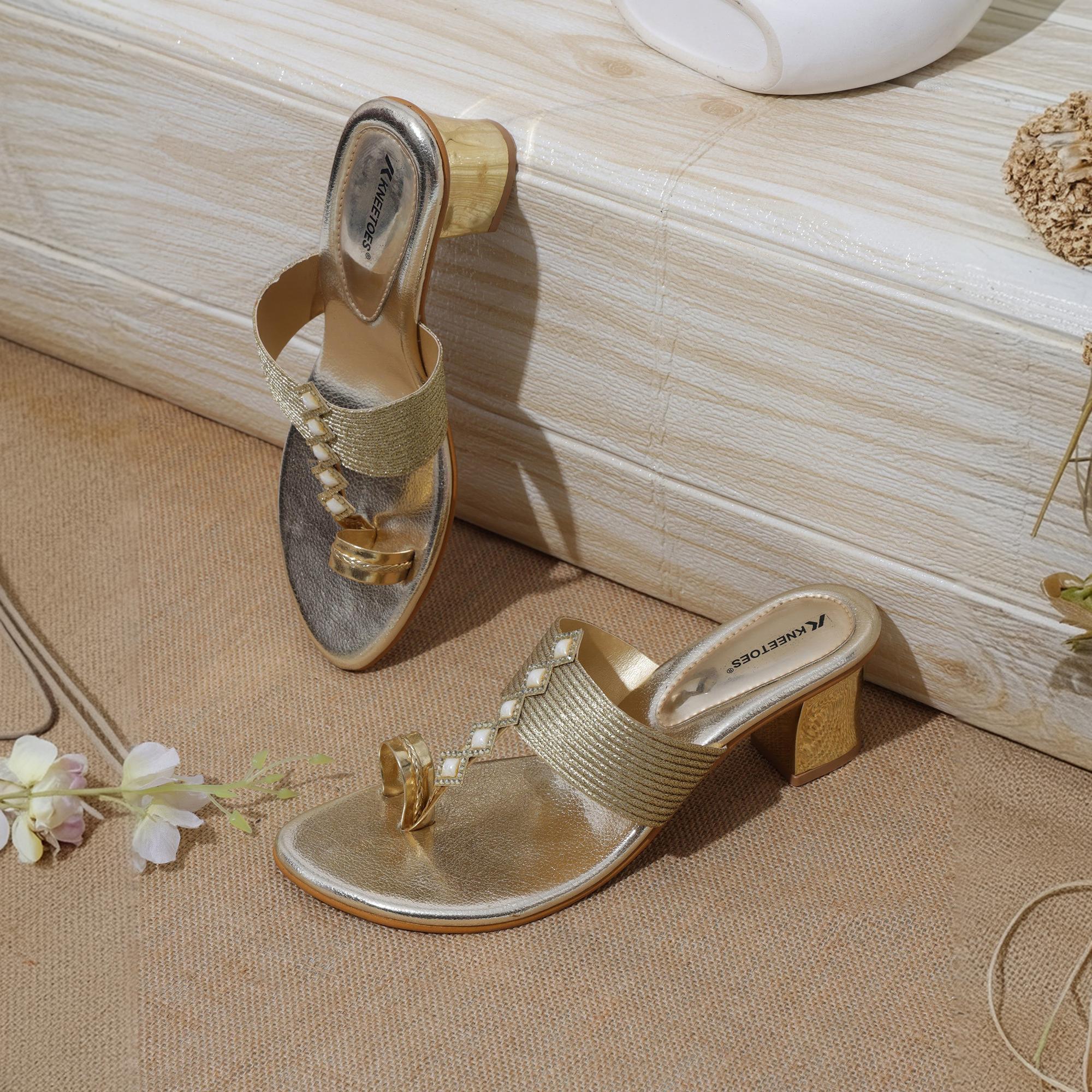 Bold Gem Embellished Gold One-Toe Sandals
