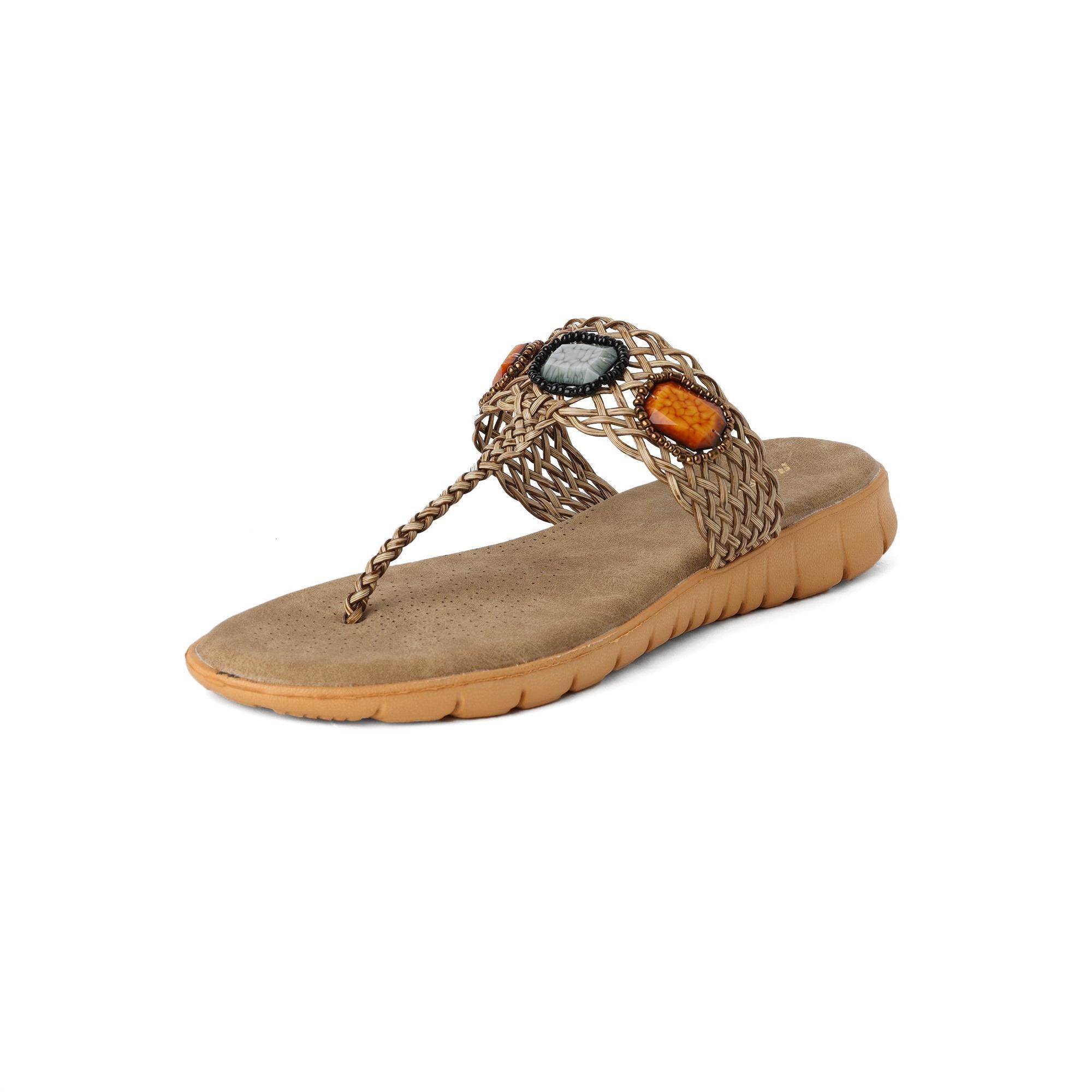 Bold Gem-Studded Beige T-Strap Sandals