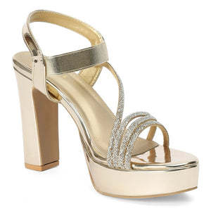 Embellished Gold Stylish High Block Heel Sandals