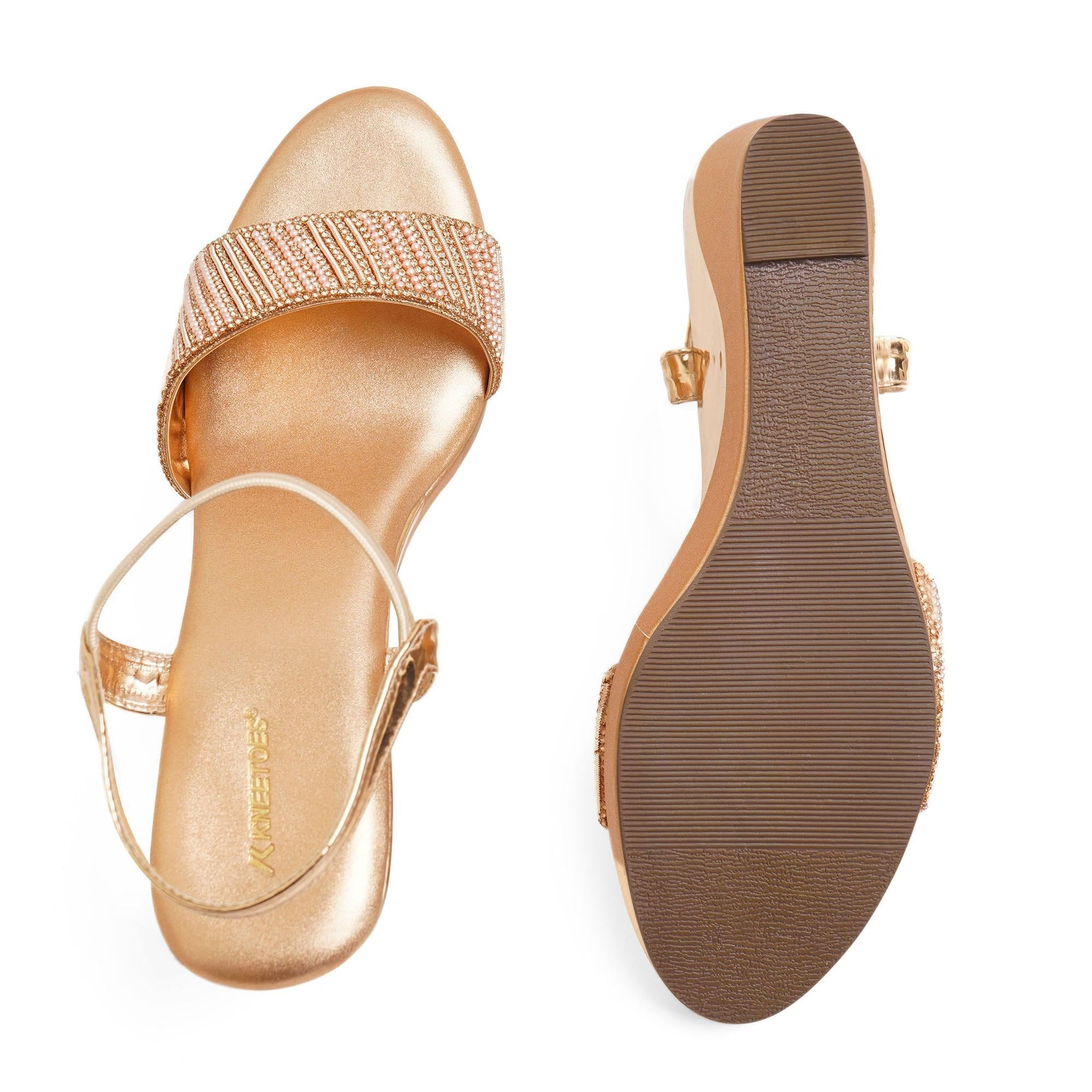 Gold Stone-Work Beaded Wedge Sandals