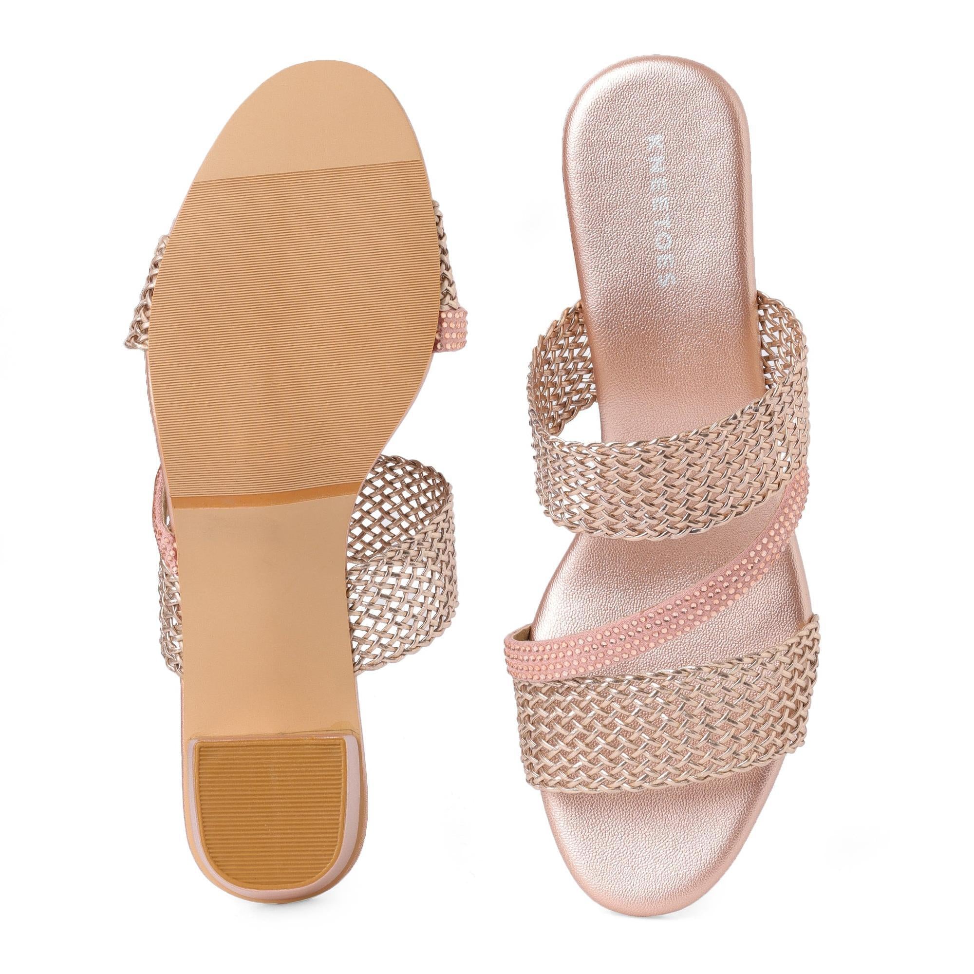 Gold Stone-Work Braided Block Heels