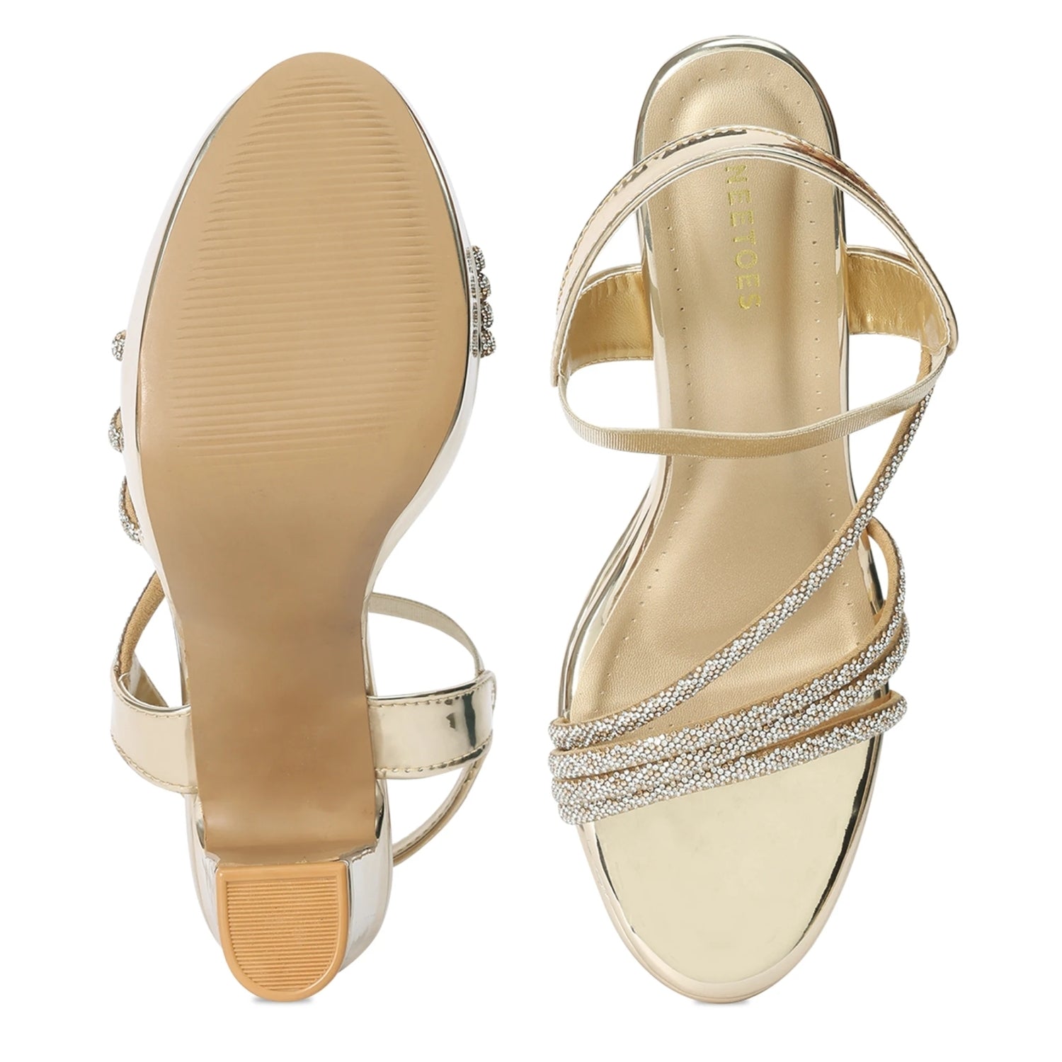 Embellished Gold Stylish High Block Heel Sandals