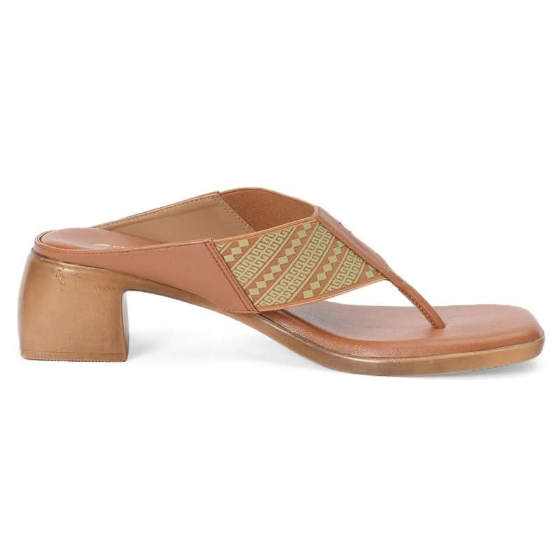 Tan Tribal Pattern Block Heel Square-Toe Thong Sandals