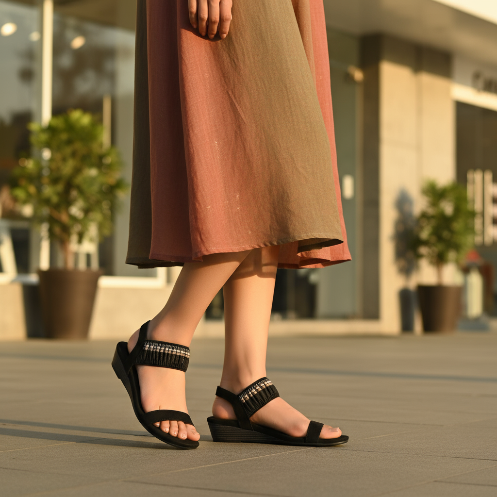 Black Striped Wedge One-Toe Sandals