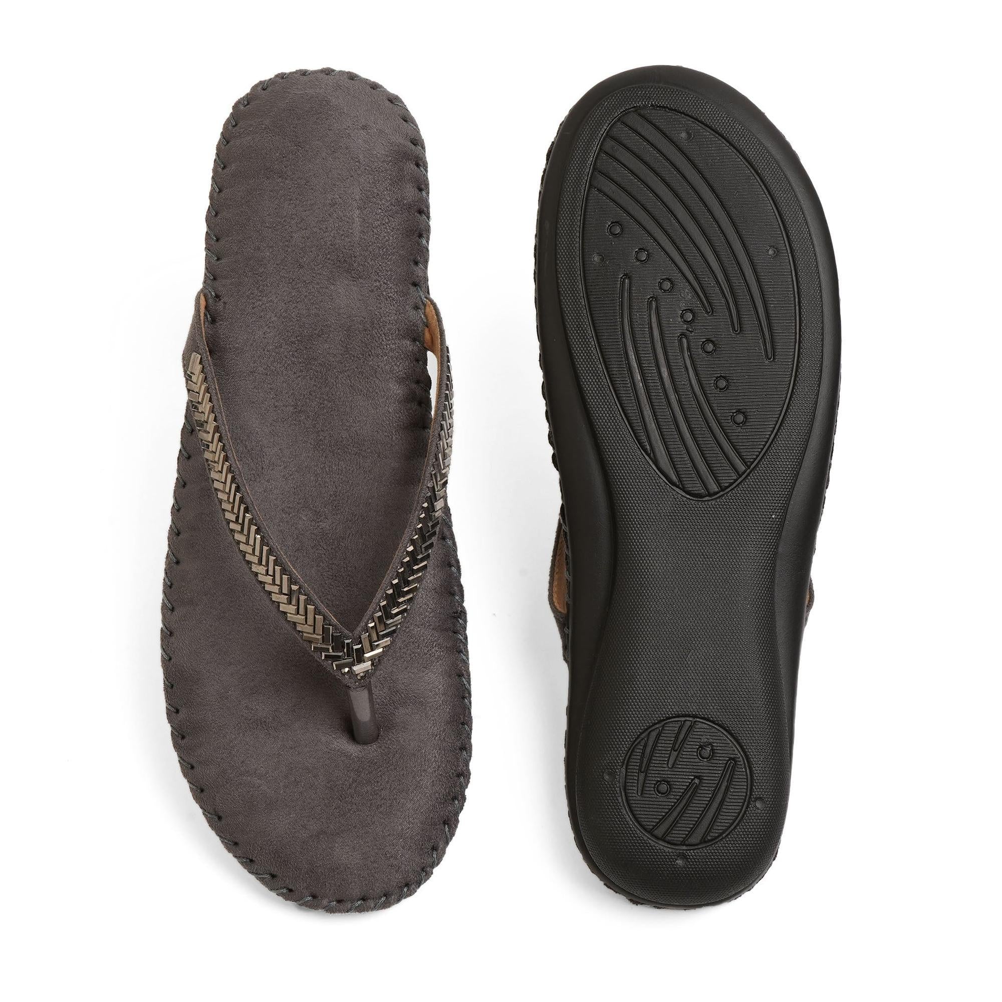 Charcoal-Grey Stone-Work Embellished Thong Sandals