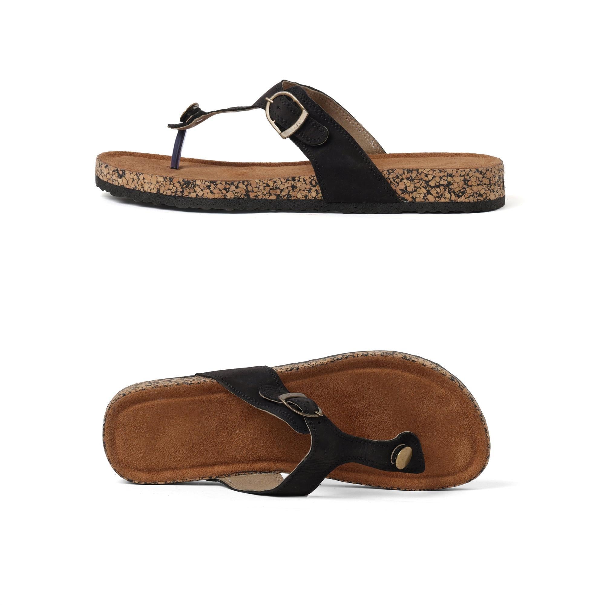 Jet Black Leather Buckled Thong Sandals