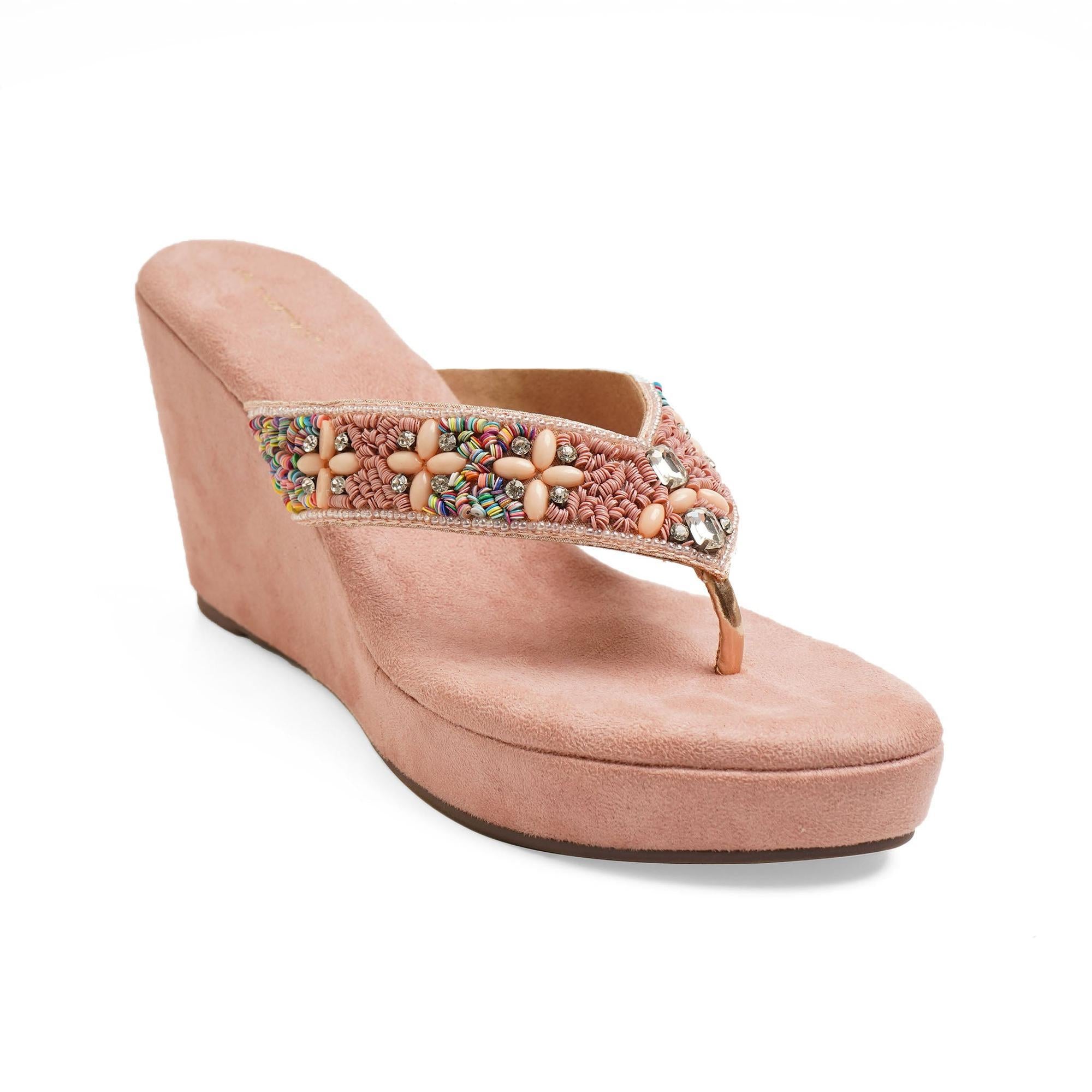 Light-Pink Stone-Work Beaded Wedge Sandals
