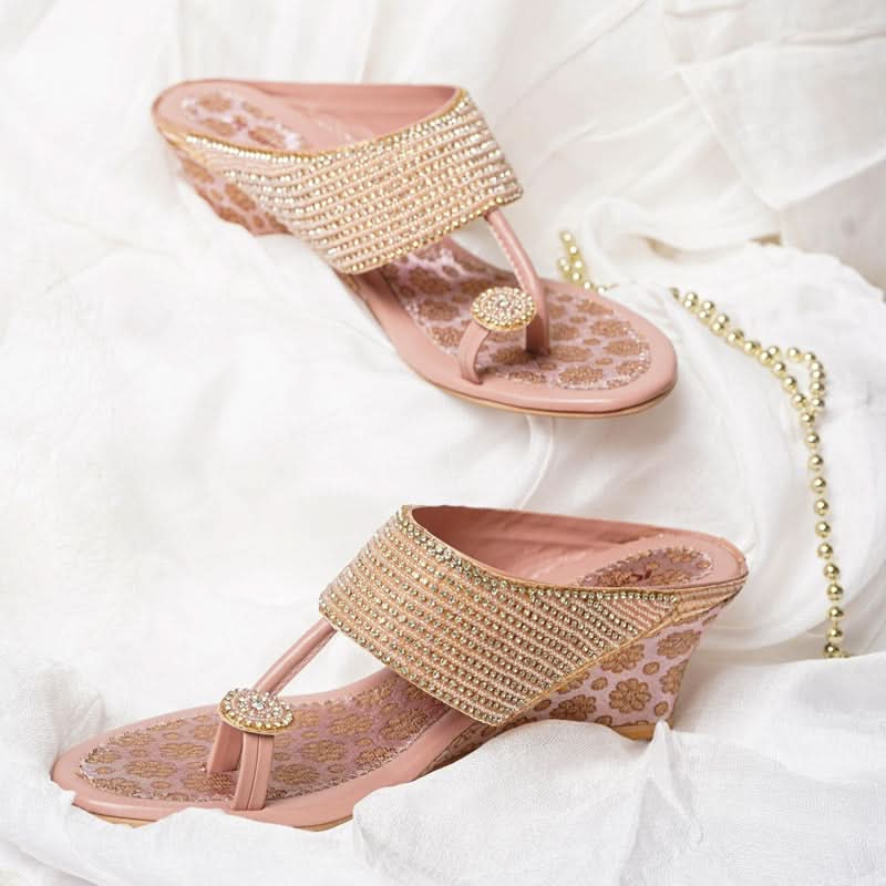 Pearl Chic Rose-Gold Wedge Sandals