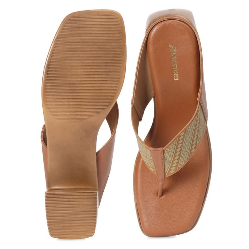 Tan Tribal Pattern Block Heel Square-Toe Thong Sandals