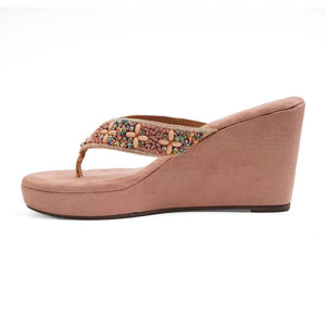 Light-Pink Stone-Work Beaded Wedge Sandals