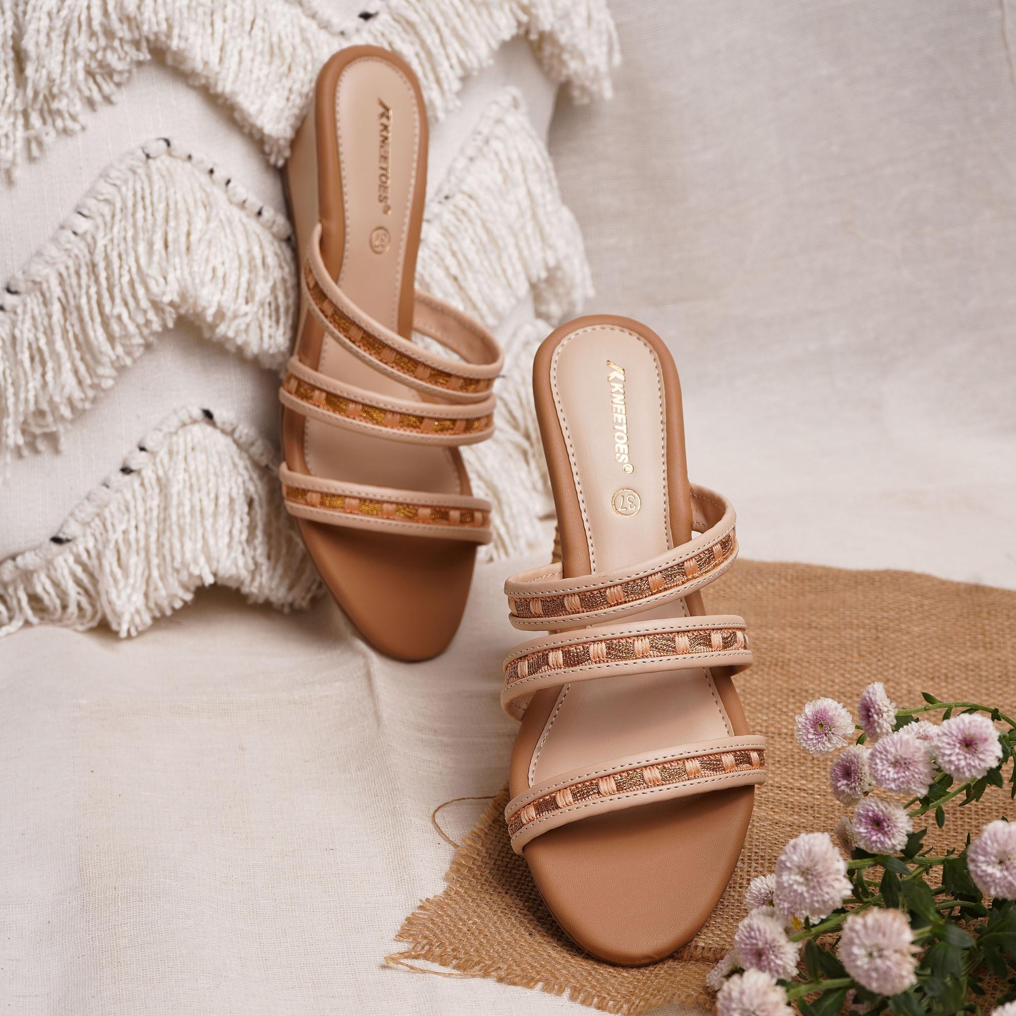 Gemglow Beige Embellished Wedge Sandals