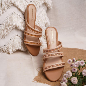 Gemglow Beige Embellished Wedge Sandals