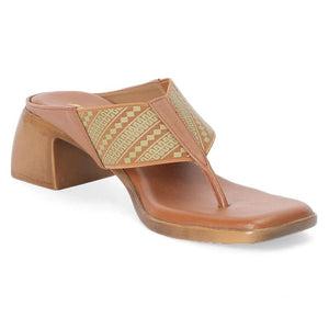 Tan Tribal Pattern Block Heel Square-Toe Thong Sandals