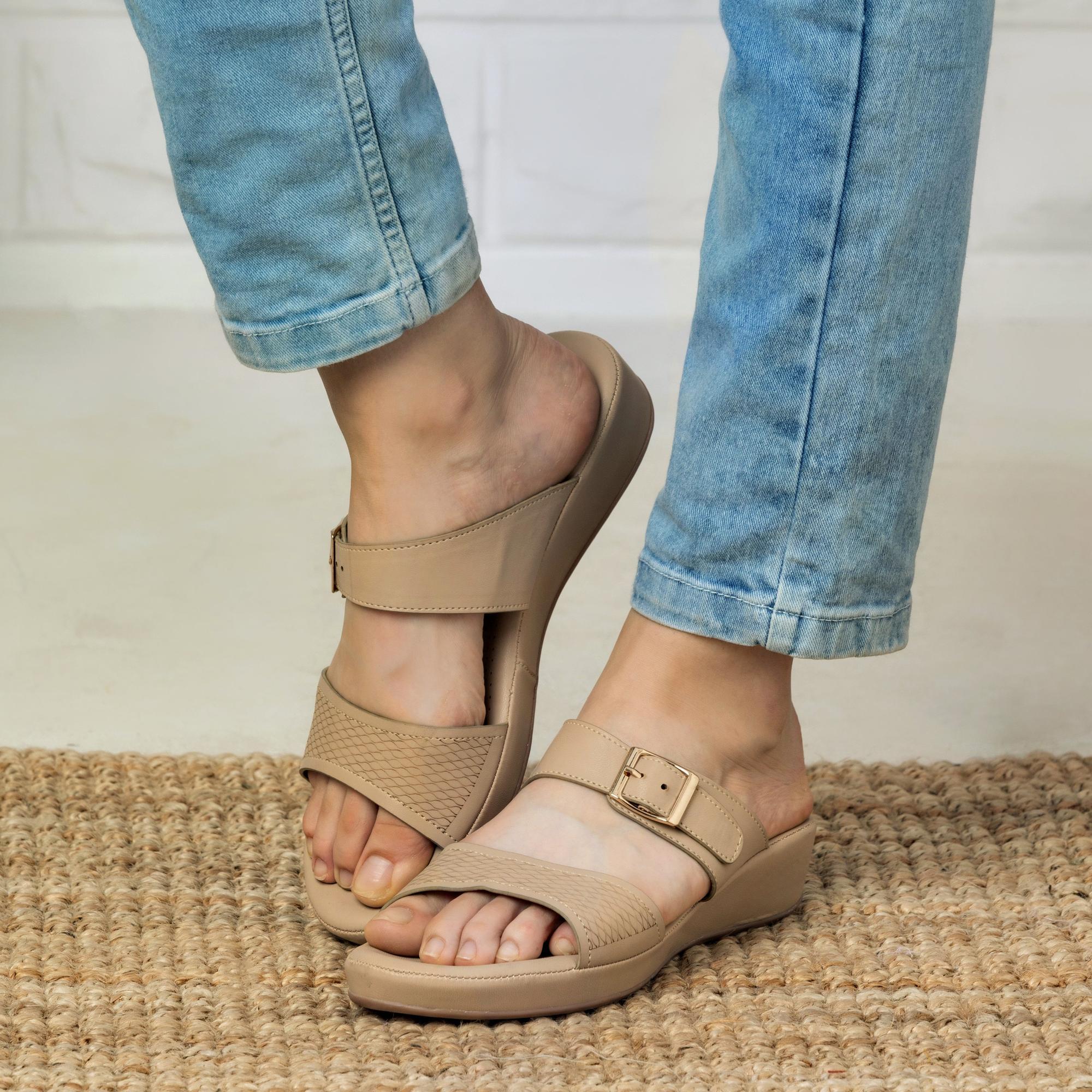 Beige Textured Buckled Sandals