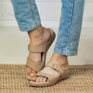 Beige Textured Buckled Sandals