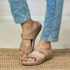Beige Textured Buckled Sandals