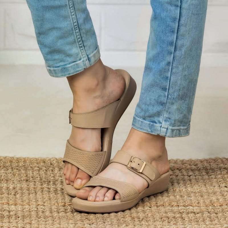 Beige Textured Buckled Sandals