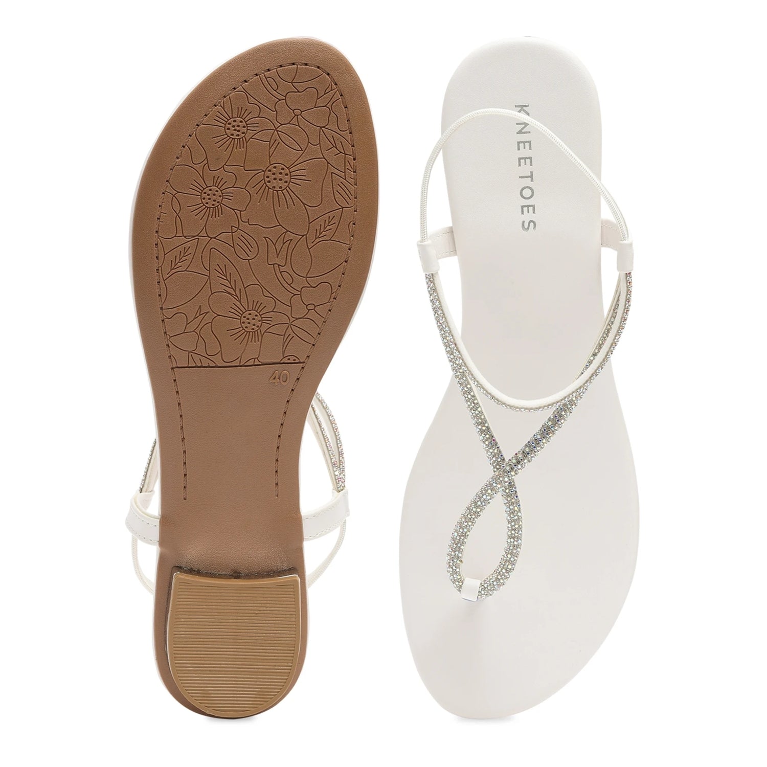 Embellished White Block Heeled Thong Sandals