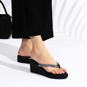 Embellished Black Wedge Heel Thong Sandals