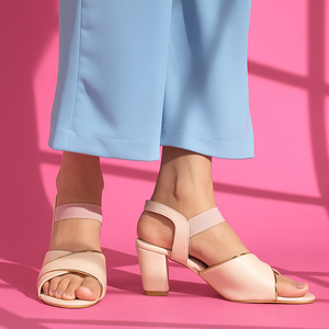 Champagne Nude Beige Metallic Trim Block Heel Sandals