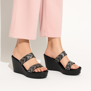 Noir Luxe Shimmer Pattern Wedge Sandals