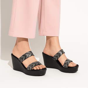 Noir Luxe Shimmer Pattern Wedge Sandals