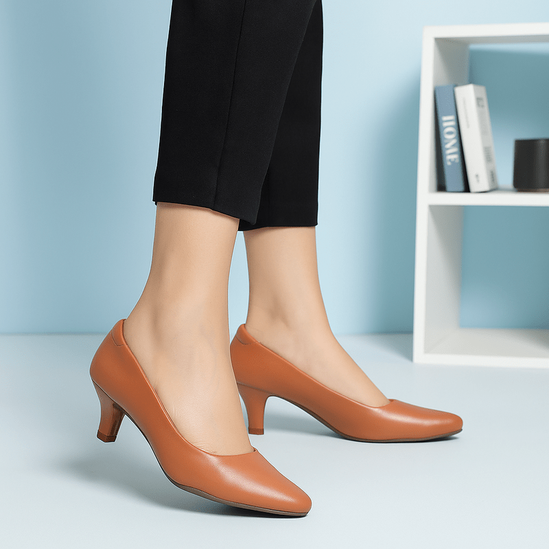 Tan Kitten Heel Versatile Pointed-Toe Pumps