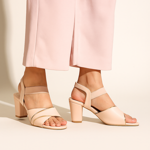 Champagne Nude Beige Metallic Trim Block Heel Sandals