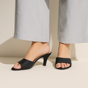 Midnight Black Sleek Kitten-Heeled Mules