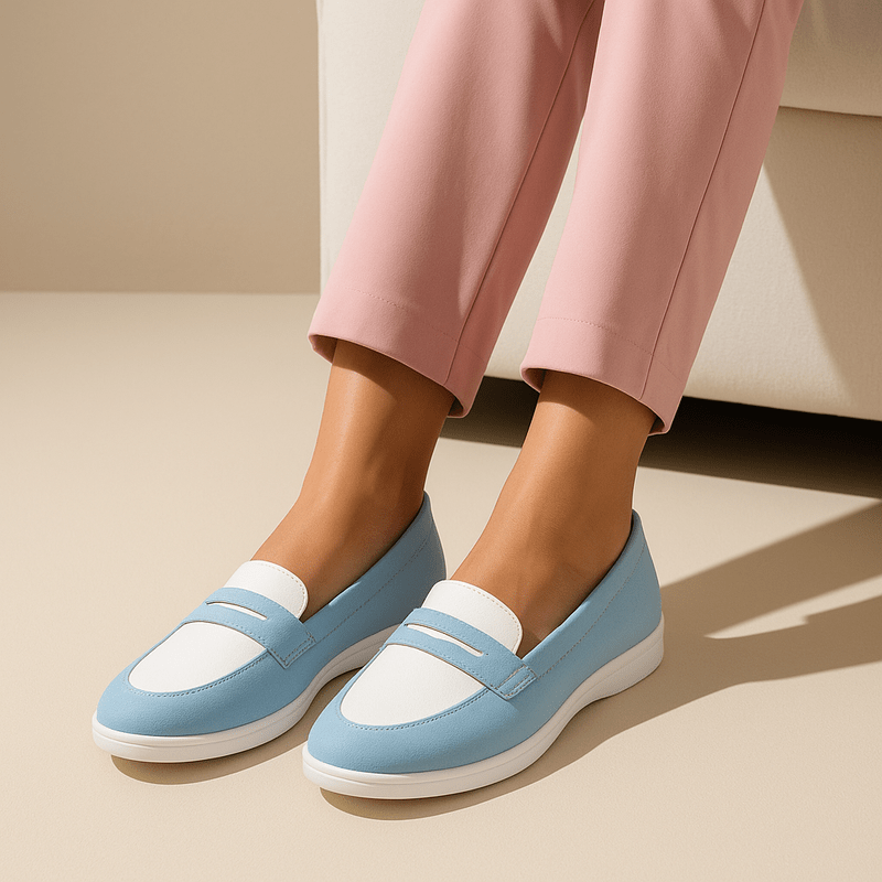 Color-Block Blue Round-Toe Penny-Loafers
