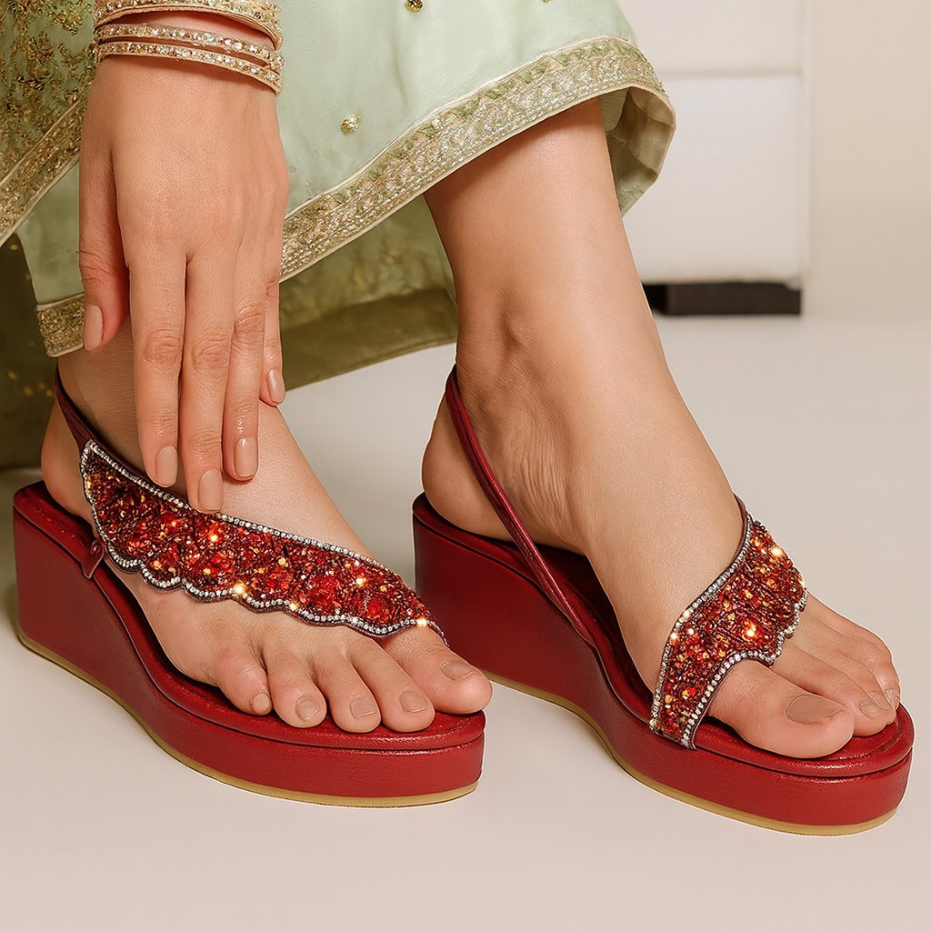 Crimson Handcrafted Stone & Sequin Wedge Sandals