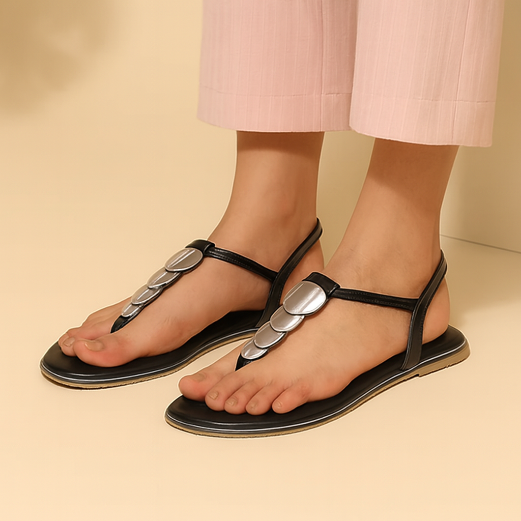 Black Metal Accent Thong Sandals