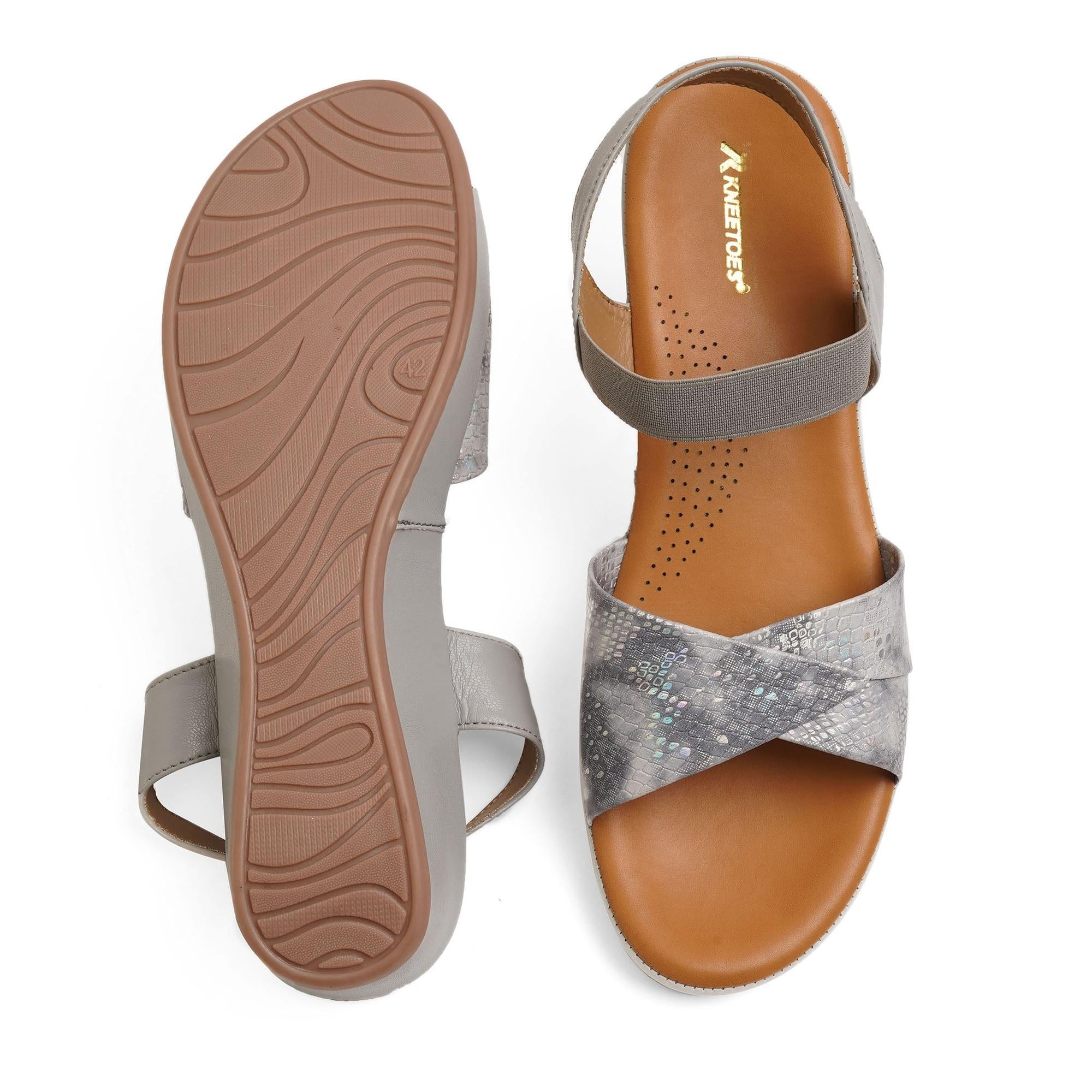 Grey Leather Reptile Print Comfort Sole Wedge Sandals