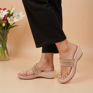 Rose-Gold Beaded Wedge One-Toe Sandals