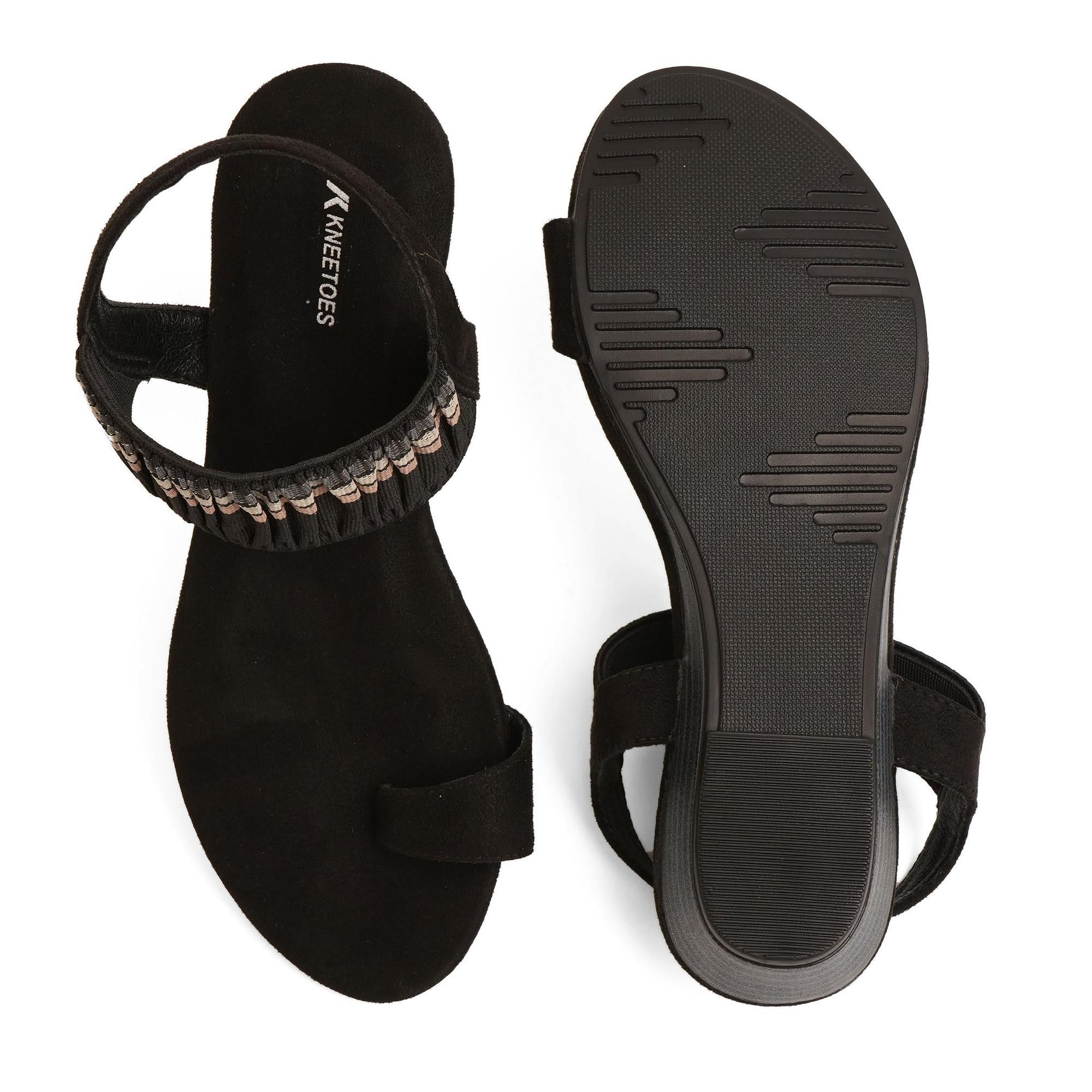 Black Striped Wedge One-Toe Sandals