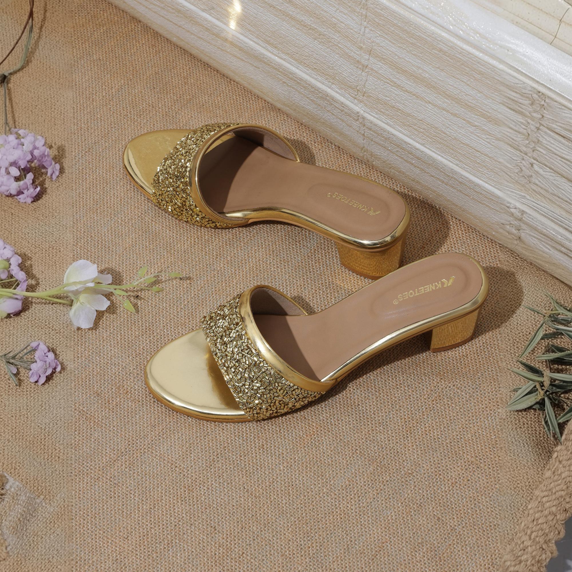 Shine Pop Gold Beaded Block Sandals