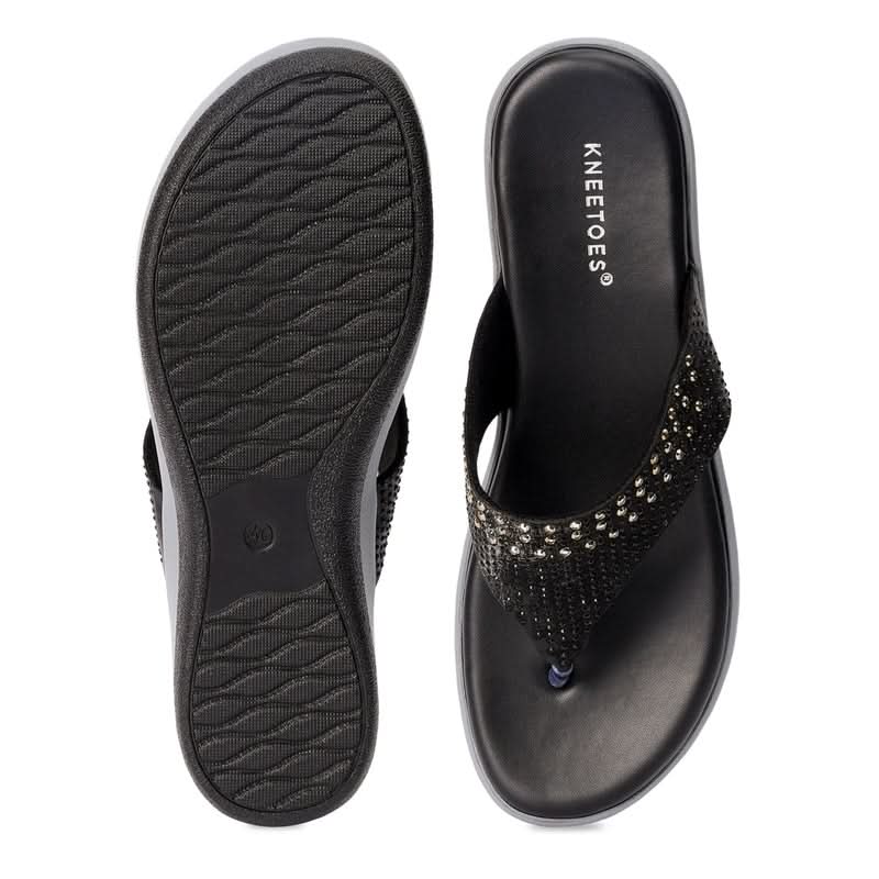 Embellished Black Wedge Heel Flip-Flops